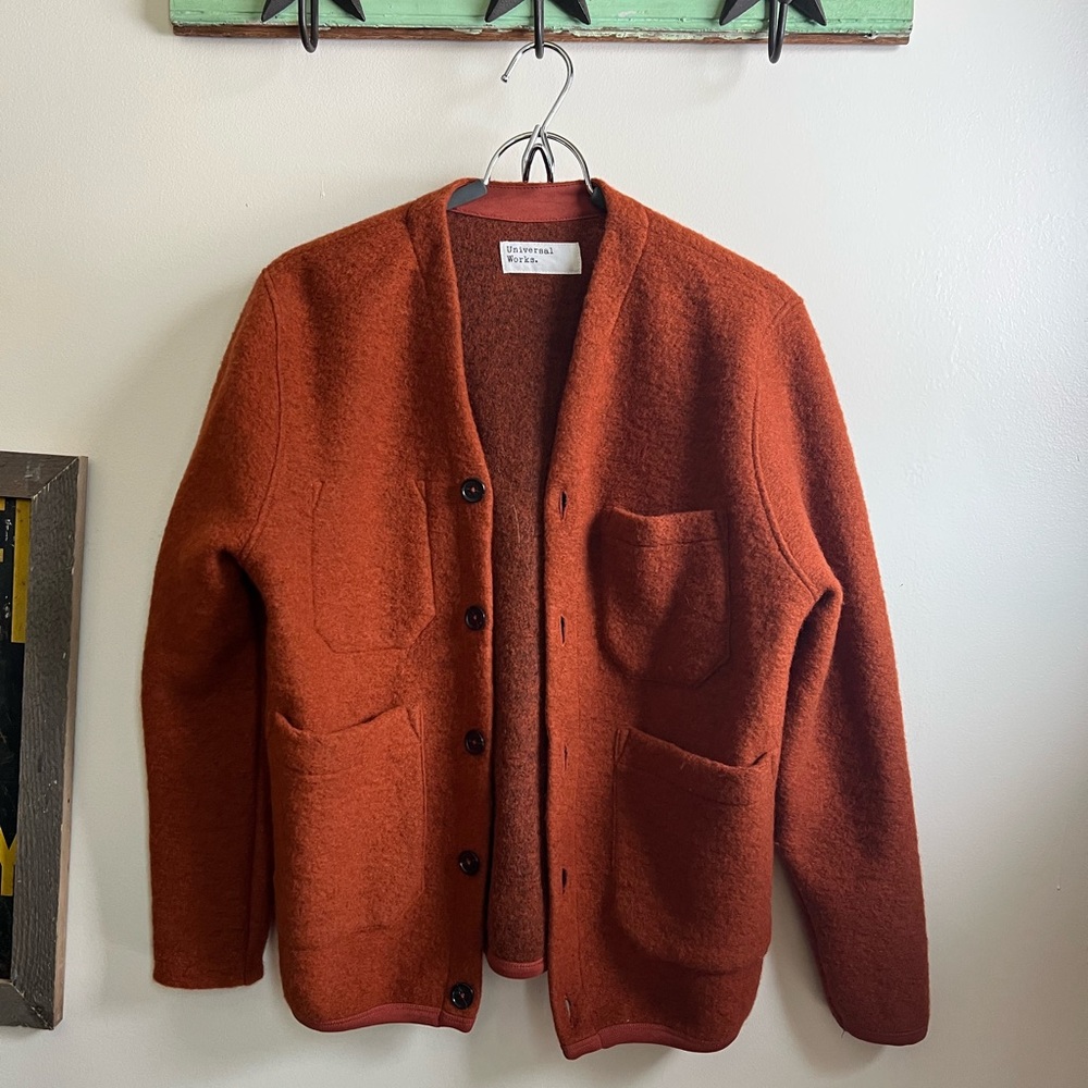 Universal Works Orange Cardigan Sweater with Relaxed Fit